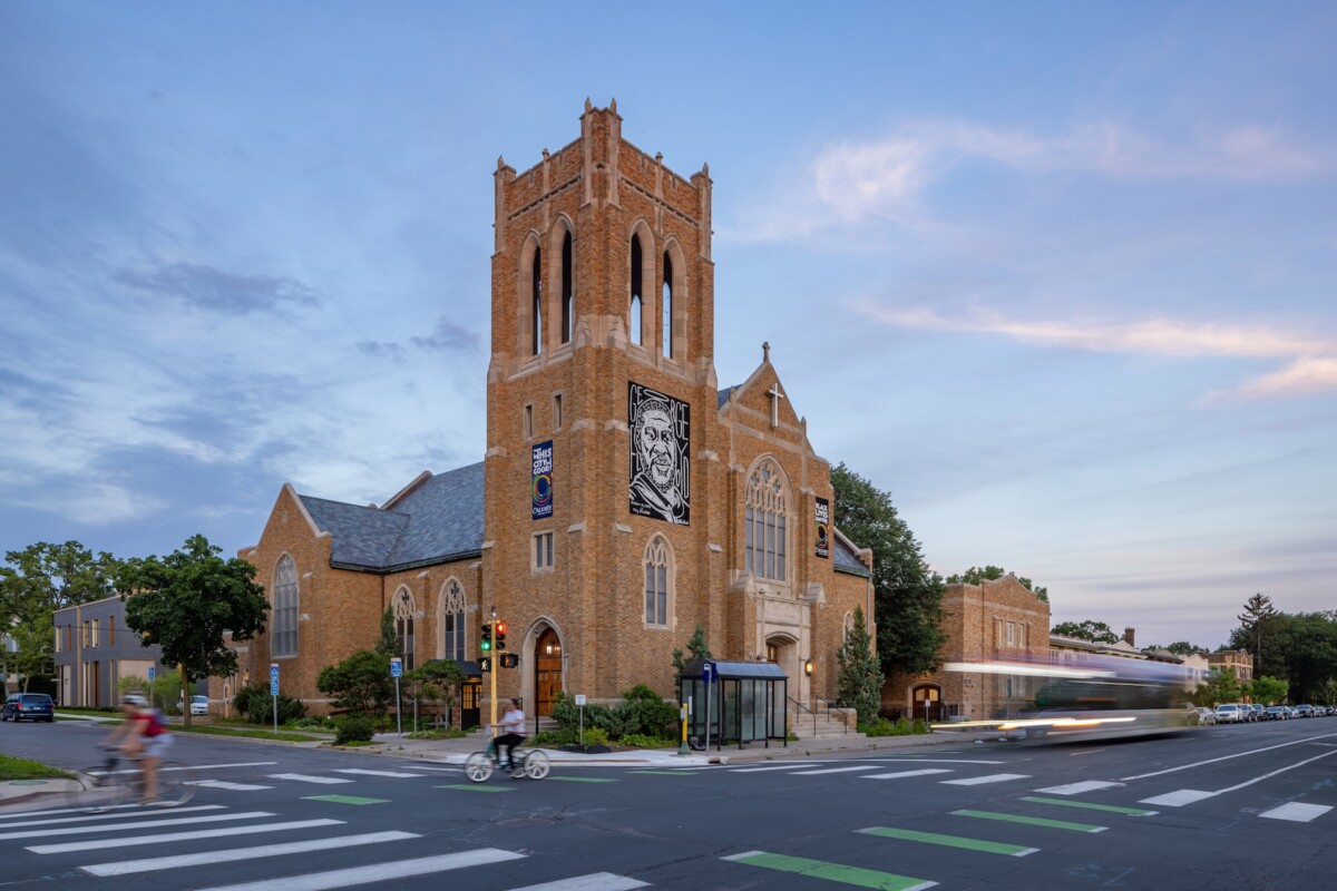 Street view of renovated church at Belfry Apartments and Mixed Use