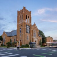Street view of renovated church at Belfry Apartments and Mixed Use