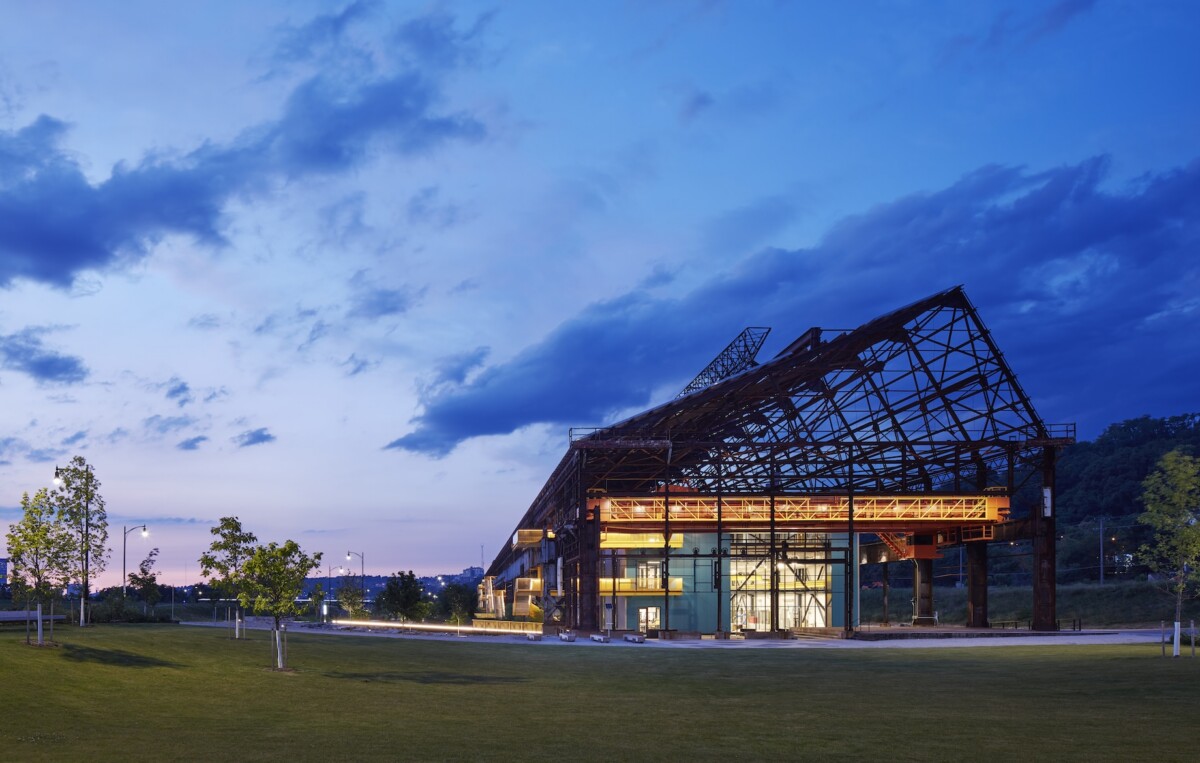 Nighttime view of RIDC Mill 19 in Pittsburgh, Pennsylvania, designed by MSR Design